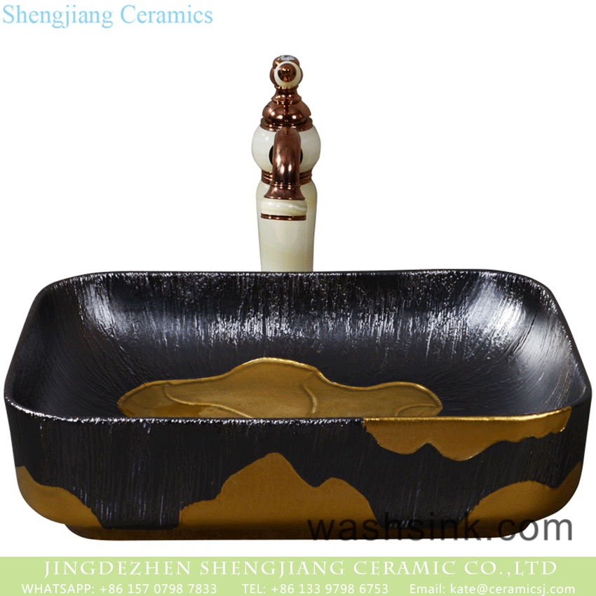 YQ-003-10 Shengjiang fancy ceramic product European royal court style quadrate luxury bathroom design vessel sink black with carved lines and golden lotus leaf pattern  YQ-003-10 - shengjiang  ceramic  factory   porcelain art hand basin wash sink