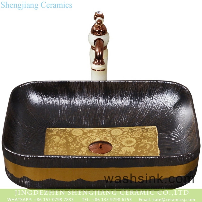YQ-004-14 European royal court style porcelain vanity basin with black sculptured lines and beign beautiful pattern both on wall and surface lavabo YQ-004-14 - shengjiang  ceramic  factory   porcelain art hand basin wash sink