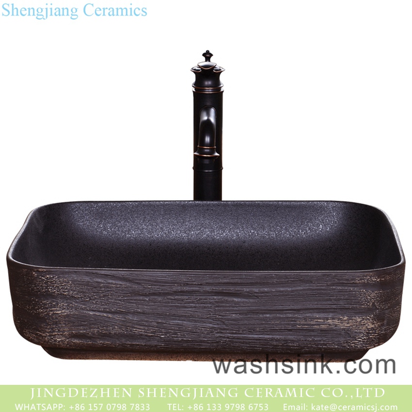 YQ-005-13 New products wholesale super thin edge rectangular Nordic simple industrial style art LOFT style ceramic hand wash sink with carved black uneven surface YQ-005-13 - shengjiang  ceramic  factory   porcelain art hand basin wash sink
