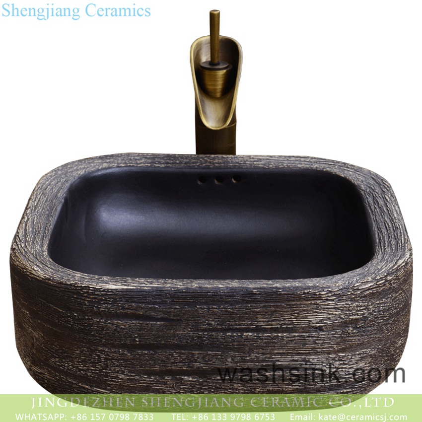 YQ-006-13 Jingdezhen hot new products antique industrial art style thick edge square unique toilet basin black high gloss wall and hand carved surface YQ-006-13 - shengjiang  ceramic  factory   porcelain art hand basin wash sink