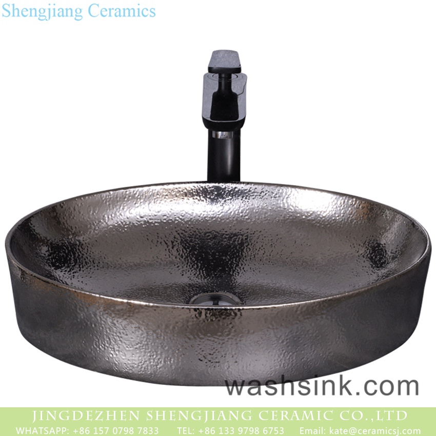 YQ-009-8 Industrial style art unique original simple countertop sink rough chrome silver round wash hand basin YQ-009-8 - shengjiang  ceramic  factory   porcelain art hand basin wash sink