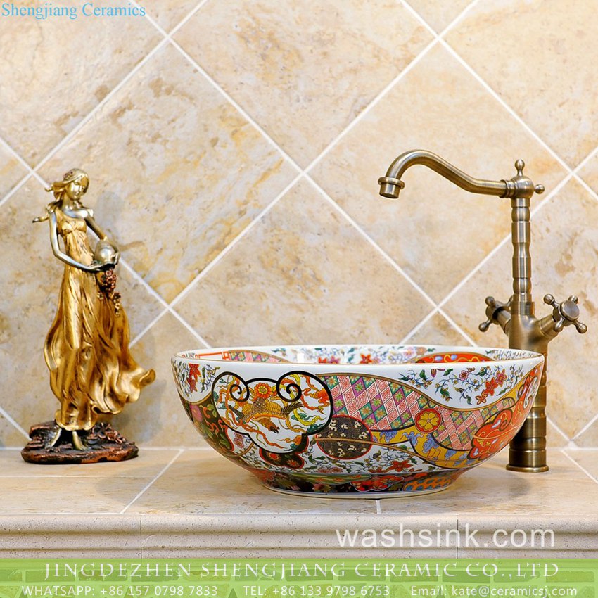 TXT06A-1 Luxury colorful retro enamel caremic bathroom sink with mysterious golden pattern and Chinese characteristics TXT06A-1 - shengjiang  ceramic  factory   porcelain art hand basin wash sink