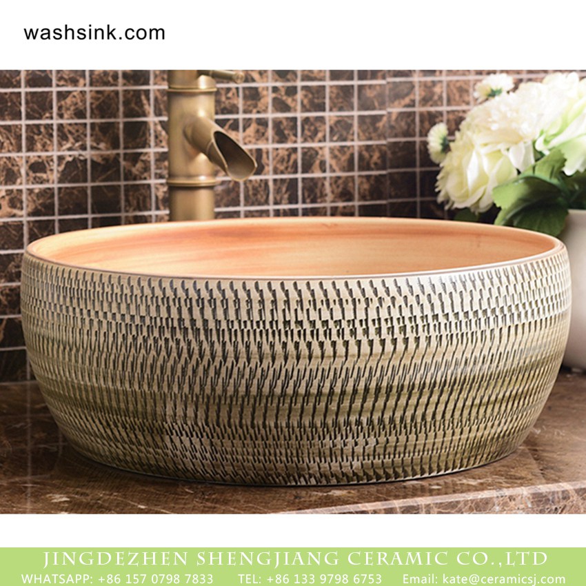 XHTC-X-1017-1 Chinese-factory-outlet art arhat style round porcelain lavabo featuring jump knife stripes XHTC-X-1017-1 - shengjiang  ceramic  factory   porcelain art hand basin wash sink