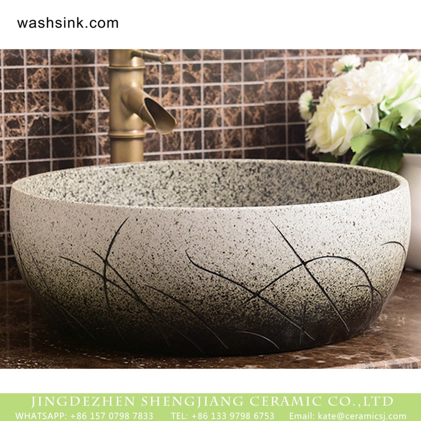 XHTC-X-1018-1 Shengjiang factory ceramic elegant Chinese style imitating marble white porcelain sanitary ware with sculptured grass XHTC-X-1018-1 - shengjiang  ceramic  factory   porcelain art hand basin wash sink