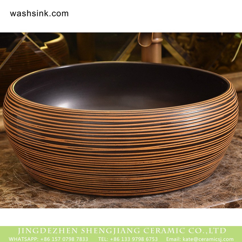 XHTC-X-1019-1 Chinoiserie archaized fancy ceramic bathroom design vessel sink with brown and black stripes XHTC-X-1019-1 - shengjiang  ceramic  factory   porcelain art hand basin wash sink