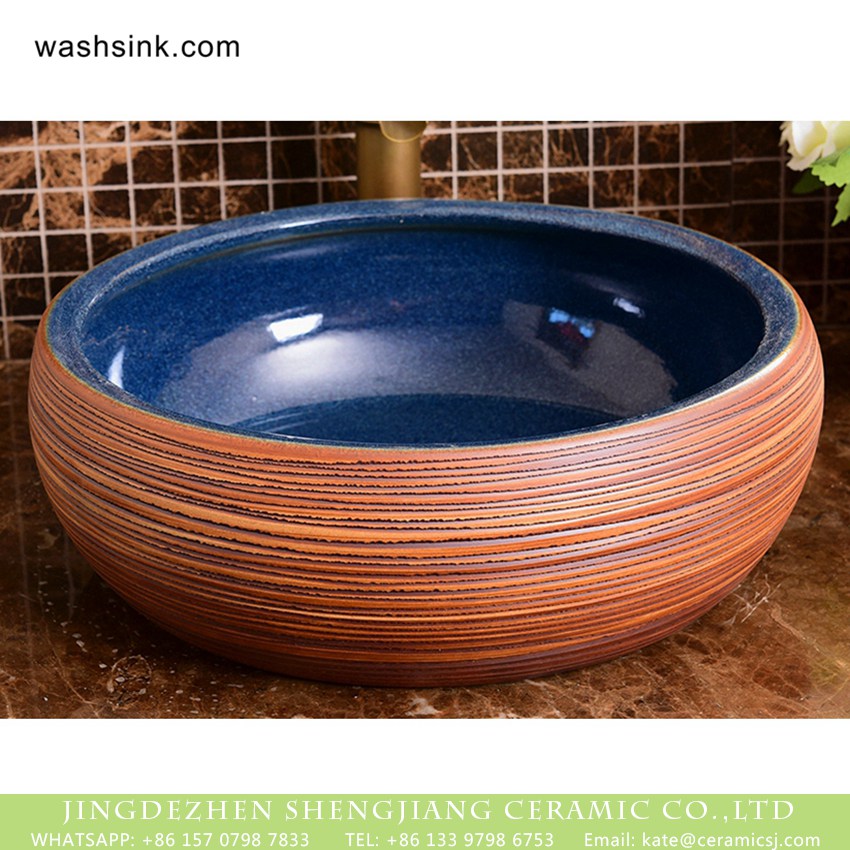 XHTC-X-1020-1 Original modern European vintage bright blue glazed and hand sculptured round shape sink bowls with beign stripes surface XHTC-X-1020-1 - shengjiang  ceramic  factory   porcelain art hand basin wash sink