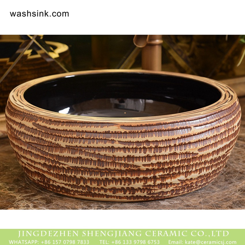 XHTC-X-1022-1 Jingdezhen Shengjiang porcelain factory drum shaped glazed wash sink with burlywood pattern and sculptured lines XHTC-X-1022-1 - shengjiang  ceramic  factory   porcelain art hand basin wash sink