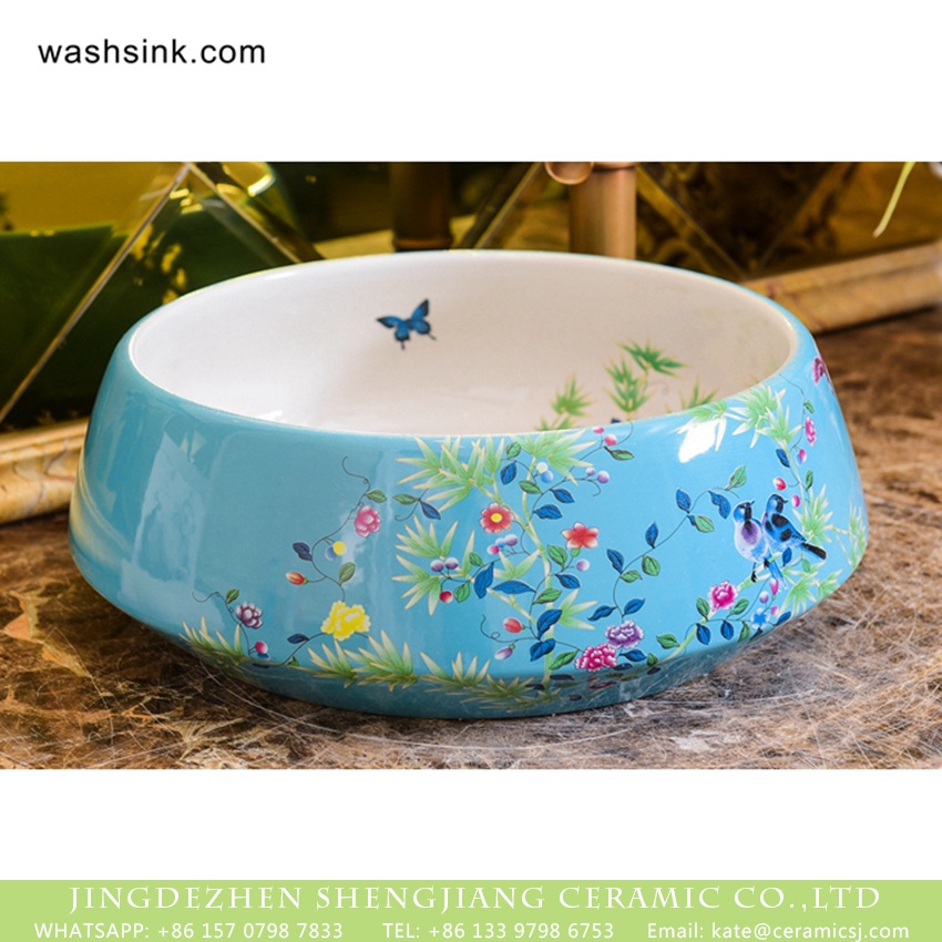 XHTC-X-1042-1 Hot Sales European classical vintage style vasculiform shape under glazed light blue with beautiful flowers lavabo XHTC-X-1042-1 - shengjiang  ceramic  factory   porcelain art hand basin wash sink