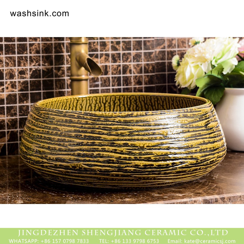 XHTC-X-1047-1 Chinoiserie modern latest style vasculiform shape retro ceramic art luxury bathroom vessel sink with irregular ginger bar stripes XHTC-X-1047-1 - shengjiang  ceramic  factory   porcelain art hand basin wash sink