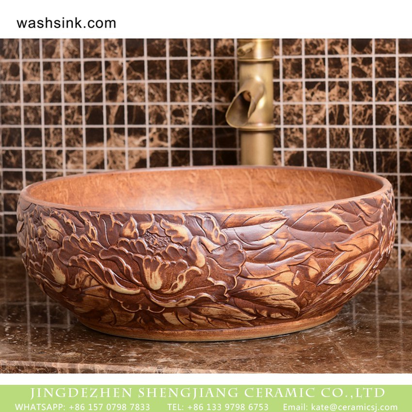 XHTC-X-1093-1 Chinoiserie archaized high quality wood color sanitary ware with manual sculptured and originally designed flower pattern XHTC-X-1093-1 - shengjiang  ceramic  factory   porcelain art hand basin wash sink