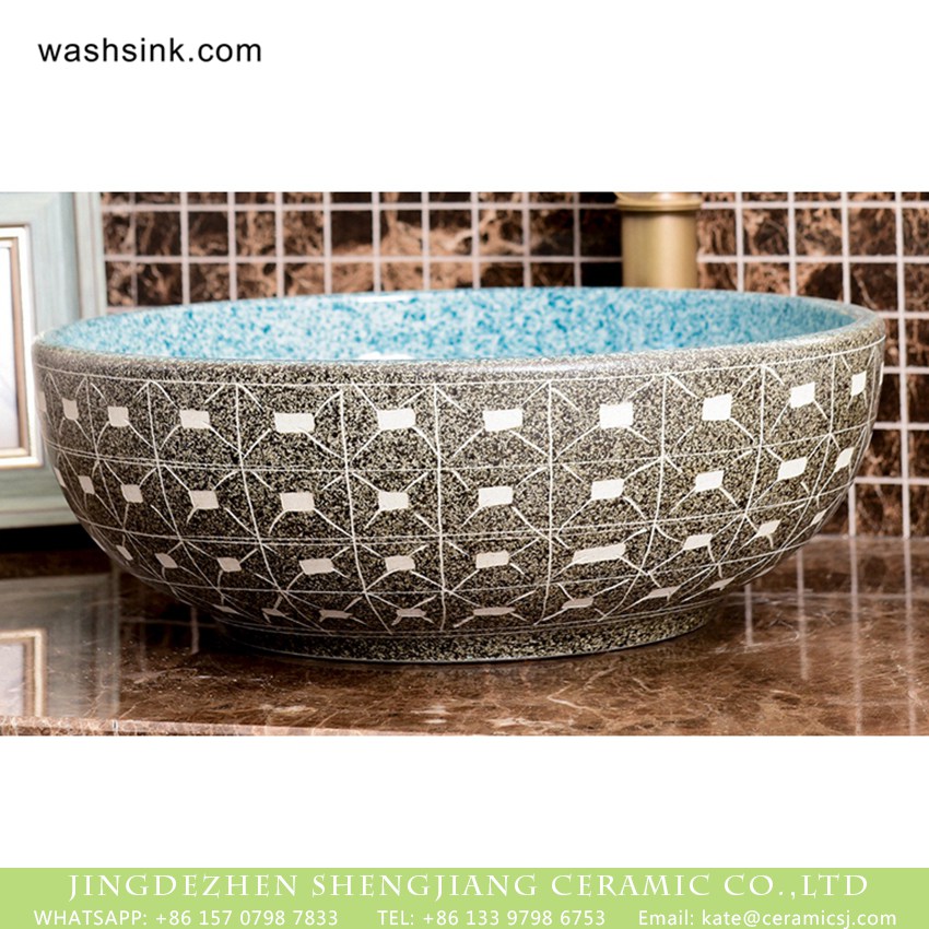 XHTC-X-1095-1 Hot sales Mediterranean European American style original art porcelain vanity basin with regular marble squares graphic pattern and beautiful blue wall  XHTC-X-1095-1 - shengjiang  ceramic  factory   porcelain art hand basin wash sink