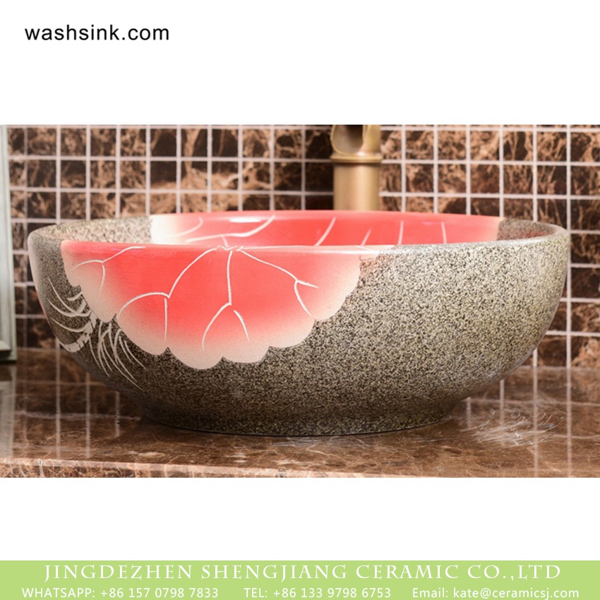 XHTC-X-1096-1 Elegant China made imitating marble with famille rose lotus pattern art ceramic bathroom table top sink XHTC-X-1096-1 - shengjiang  ceramic  factory   porcelain art hand basin wash sink