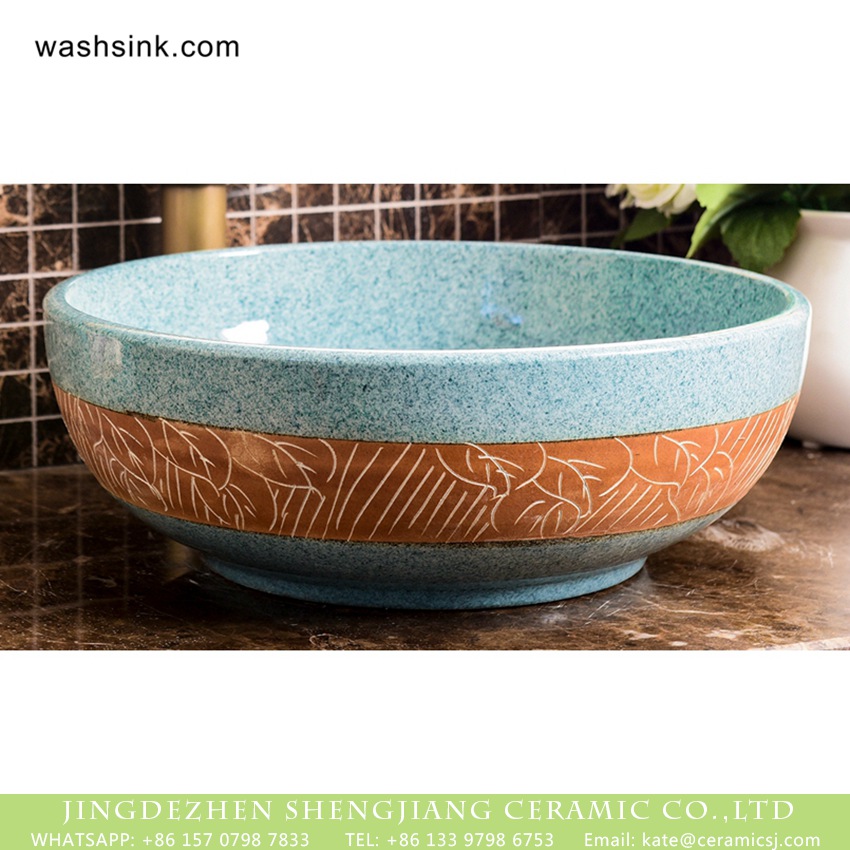 XHTC-X-1097-1 European classical art round smooth turquoise famille rose ceramic basin with hand-carved leaf pattern XHTC-X-1097-1 - shengjiang  ceramic  factory   porcelain art hand basin wash sink