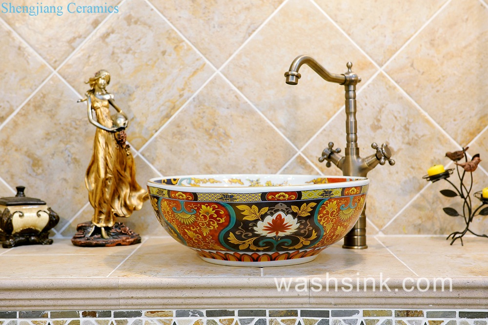 TXT03A-1 Jingdezhen Shengjiang porcelain Japanese style elegant gorgeous retro round overglaze color wash sink with golden pattern and archaized chrysanthemum TXT03A - shengjiang  ceramic  factory   porcelain art hand basin wash sink