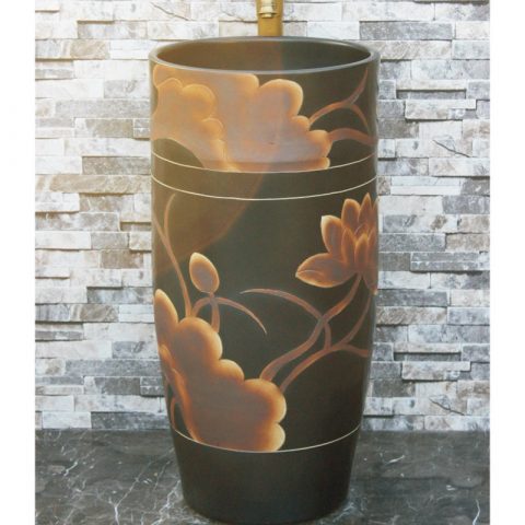 Jingdezhen wholesale black color with flowers pattern arts and crafts one piece freestanding basin LJ-1008