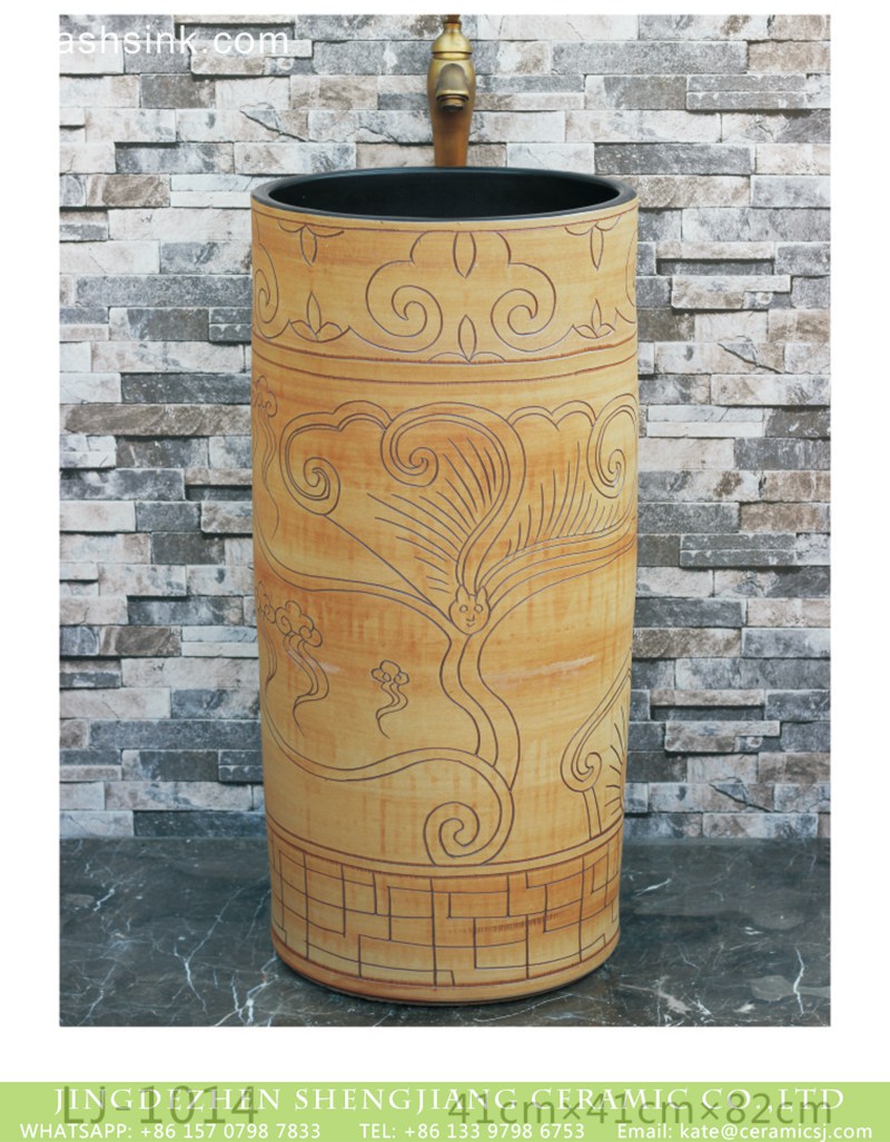 LJ-1014 China traditional style wood with hand carved special pattern surface and black wall one-piece basin LJ-1014 - shengjiang  ceramic  factory   porcelain art hand basin wash sink