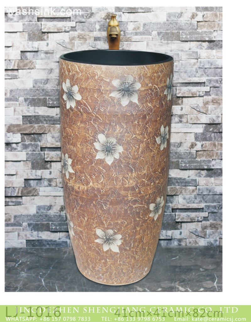 LJ-1016 New produced Jingdezhen Jiangxi brown color with flowers printing pedestal basin LJ-1016 - shengjiang  ceramic  factory   porcelain art hand basin wash sink