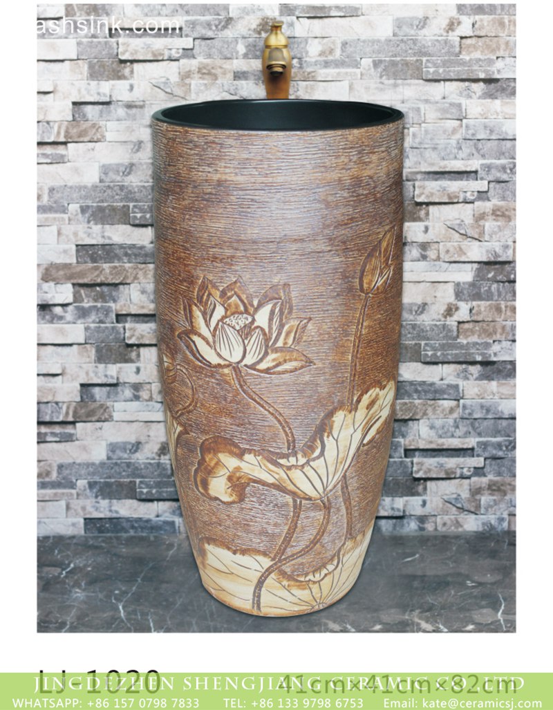 LJ-1020 Hot Sales product brown color with hand carved flowers pattern outdoor pedestal wash basin LJ-1020 - shengjiang  ceramic  factory   porcelain art hand basin wash sink