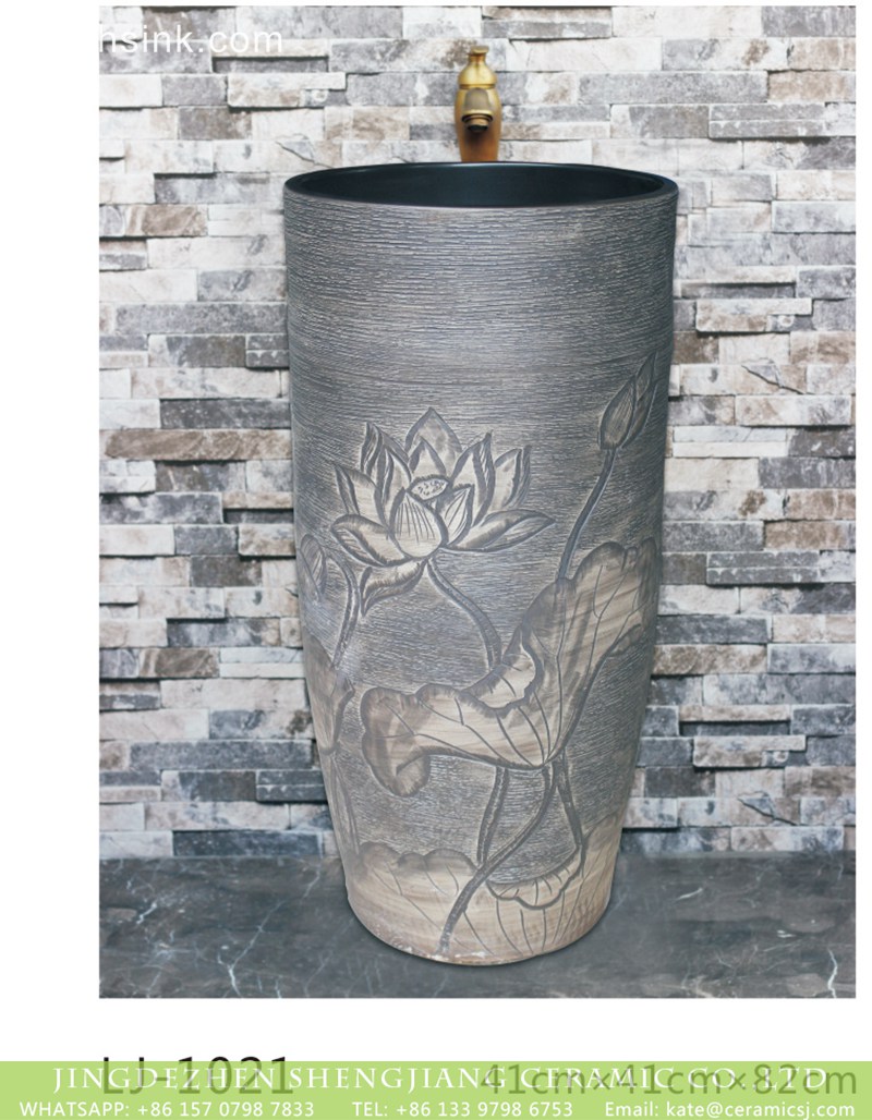 LJ-1021 Shengjiang factory porcelain grey color with hand carved flowers pattern pedestal basin LJ-1021 - shengjiang  ceramic  factory   porcelain art hand basin wash sink