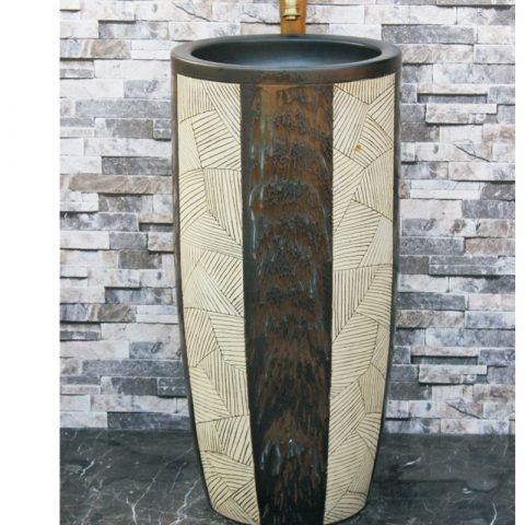 Shengjiang unique design art ceramic black and white color with hand carved special pattern outdoor wash basin LJ-1045