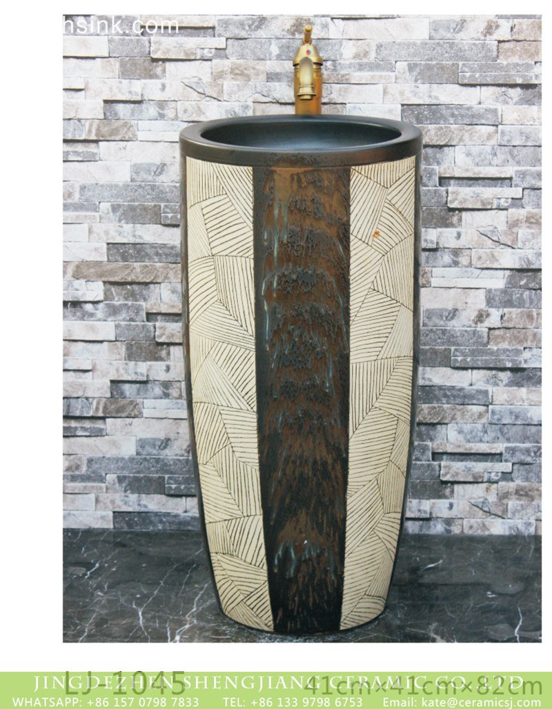 LJ-1045 Shengjiang unique design art ceramic black and white color with hand carved special pattern outdoor wash basin LJ-1045 - shengjiang  ceramic  factory   porcelain art hand basin wash sink