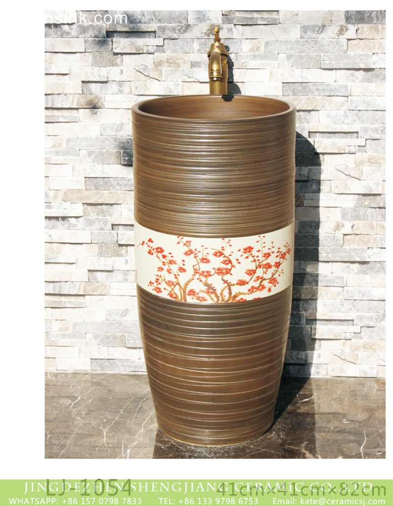LJ-1054 Chinese style hand carved art ceramic brown color with beautiful flowers printing pedestal basin LJ-1054 - shengjiang  ceramic  factory   porcelain art hand basin wash sink