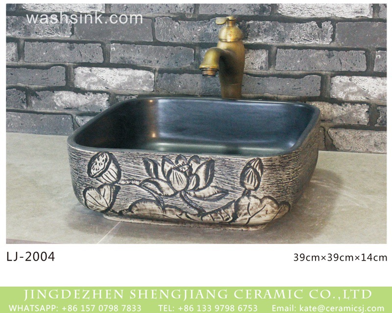 LJ-2004 Shengjiang factory wholesale price hand carved flowers pattern foursquare shape basin  LJ-2004 - shengjiang  ceramic  factory   porcelain art hand basin wash sink
