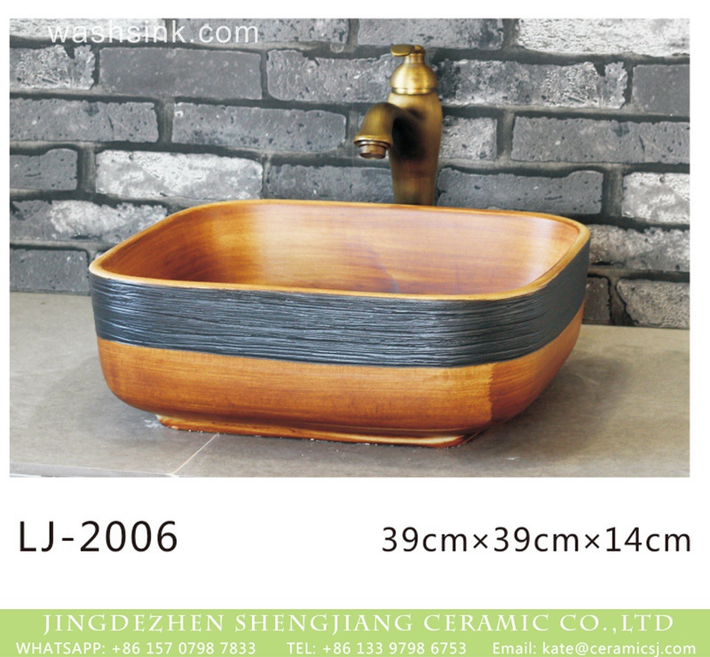 LJ-2006-1 Chinese art counter top wood color with black striation surface foursquare lavabo  LJ-2006 - shengjiang  ceramic  factory   porcelain art hand basin wash sink