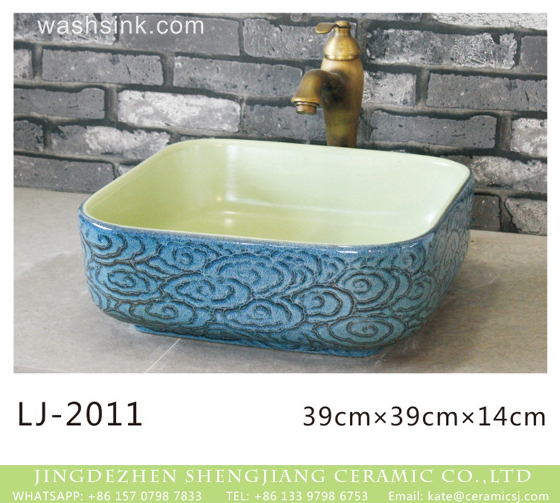 LJ-2011 Factory wholesale price blue color embossed auspicious clouds surface and white wall art basin  LJ-2011 - shengjiang  ceramic  factory   porcelain art hand basin wash sink