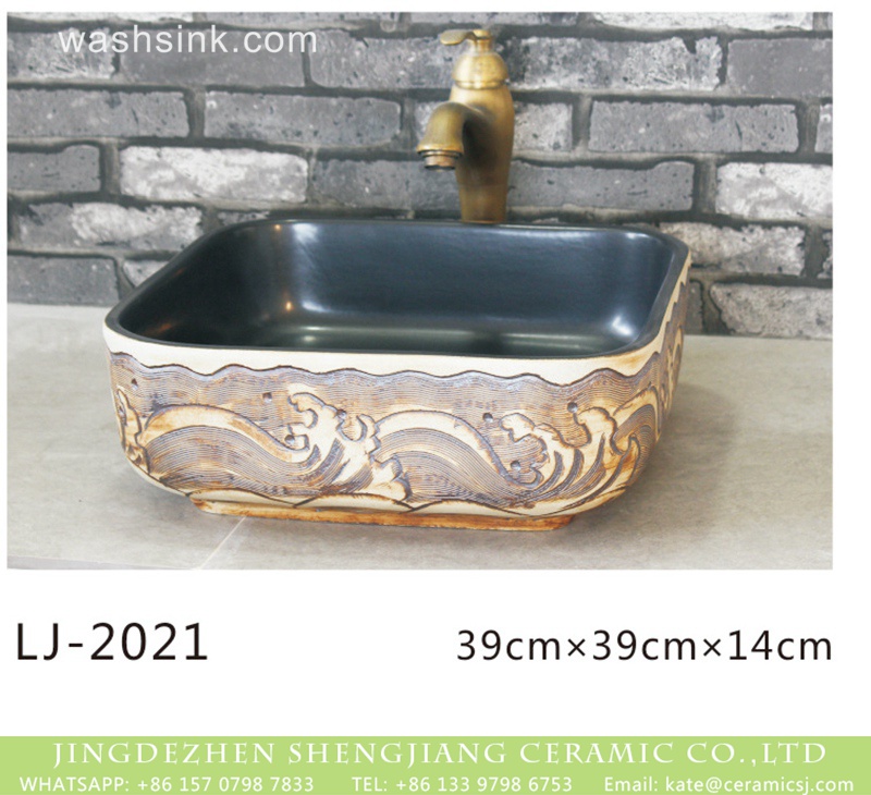 LJ-2021 Shengjiang factory black wall and beautiful hand carved pattern surface wash sink  LJ-2021 - shengjiang  ceramic  factory   porcelain art hand basin wash sink