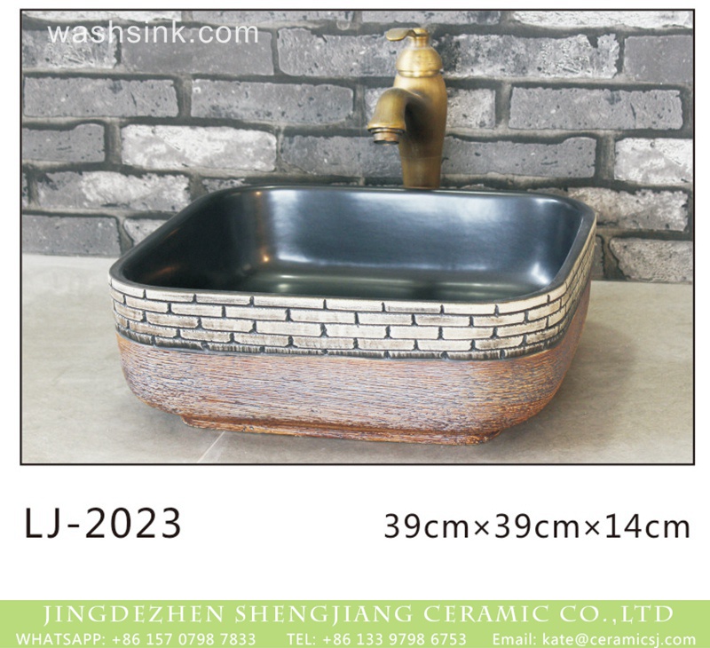 LJ-2023 Jingdezhen wholesale smooth black wall and hand carved special pattern vanity basin  LJ-2023 - shengjiang  ceramic  factory   porcelain art hand basin wash sink