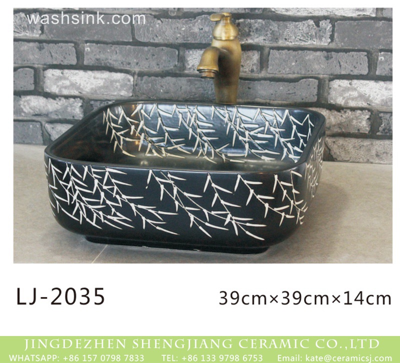 LJ-2035-1 Jingdezhen produce black color foursquare ceramic with beautiful white willow pattern surface wash sink  LJ-2035 - shengjiang  ceramic  factory   porcelain art hand basin wash sink