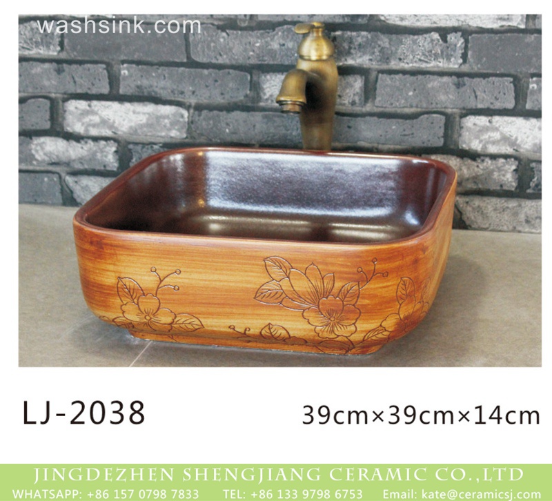 LJ-2038-1 Jingdezhen produce durable ceramic wood surface with flowers pattern vanity basin  LJ-2038 - shengjiang  ceramic  factory   porcelain art hand basin wash sink