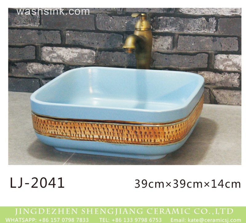 LJ-2041 Chinese art counter top blue color with hand paint brown pattern lavabo  LJ-2041 - shengjiang  ceramic  factory   porcelain art hand basin wash sink