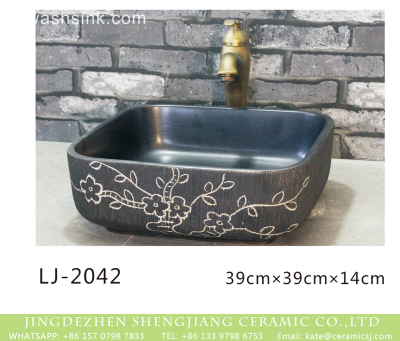 LJ-2042 Shengjiang factory porcelain black color with white flowers pattern wash sink  LJ-2042 - shengjiang  ceramic  factory   porcelain art hand basin wash sink