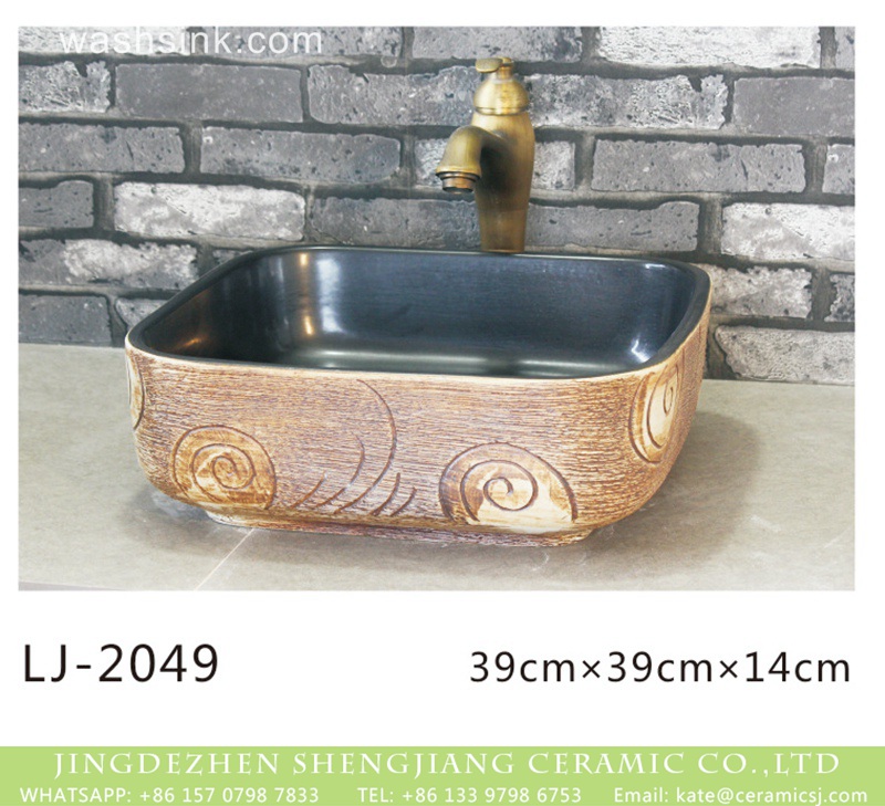 LJ-2049 Hot sale product black wall and wood surface with hand carved pattern foursquare basin  LJ-2049 - shengjiang  ceramic  factory   porcelain art hand basin wash sink