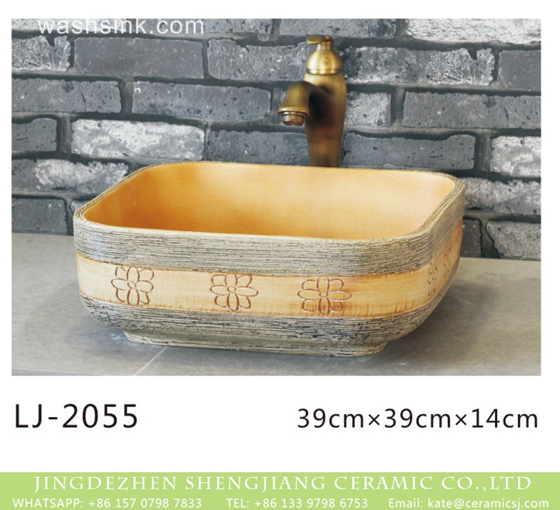 LJ-2055 Chinese art counter top wood surface with hand carved flowers pattern toilet basin  LJ-2055 - shengjiang  ceramic  factory   porcelain art hand basin wash sink