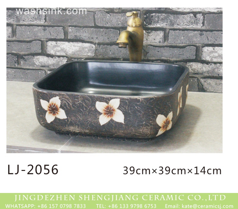 LJ-2056 Chinese modern new style black color with white flowers printing art basin  LJ-2056 - shengjiang  ceramic  factory   porcelain art hand basin wash sink