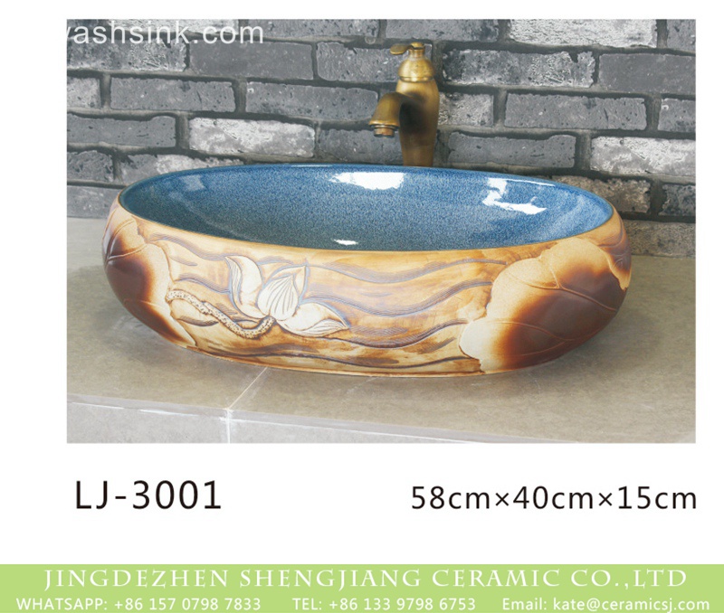 LJ-3001 Jingdezhen wholesale blue wall and beautiful flowers pattern surface oval porcelain art basin  LJ-3001 - shengjiang  ceramic  factory   porcelain art hand basin wash sink