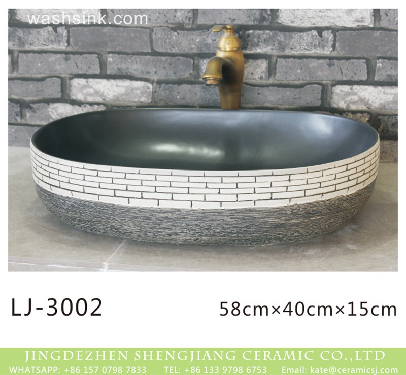 LJ-3002 China modern simplicity black wall and grey surface with white tartan design oval ceramic wash basin  LJ-3002 - shengjiang  ceramic  factory   porcelain art hand basin wash sink