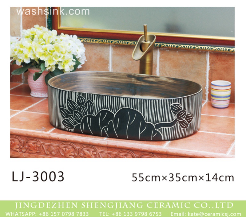 LJ-3003 Shengjiang factory direct black and white stripes thin edge oval porcelain vanity basin  LJ-3003 - shengjiang  ceramic  factory   porcelain art hand basin wash sink