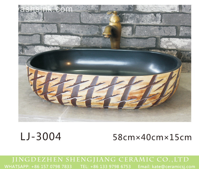 LJ-3004 Hot sell product smooth black wall and hand carved wood surface oval porcelain lavabo  LJ-3004 - shengjiang  ceramic  factory   porcelain art hand basin wash sink