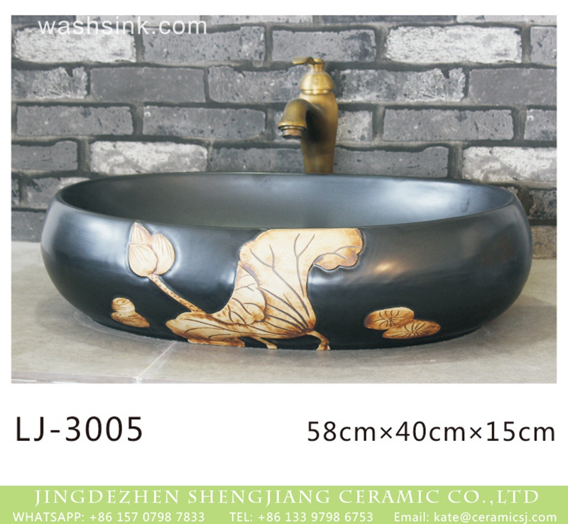 LJ-3005 China traditional high quality black oval ceramic with yellow flowers design wash sink  LJ-3005 - shengjiang  ceramic  factory   porcelain art hand basin wash sink