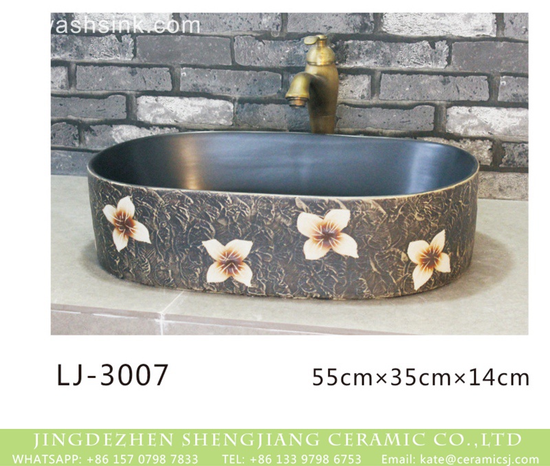 LJ-3007 Jingdezhen factory direct dark surface with white flowers pattern thin edge oval porcelain art basin  LJ-3007 - shengjiang  ceramic  factory   porcelain art hand basin wash sink