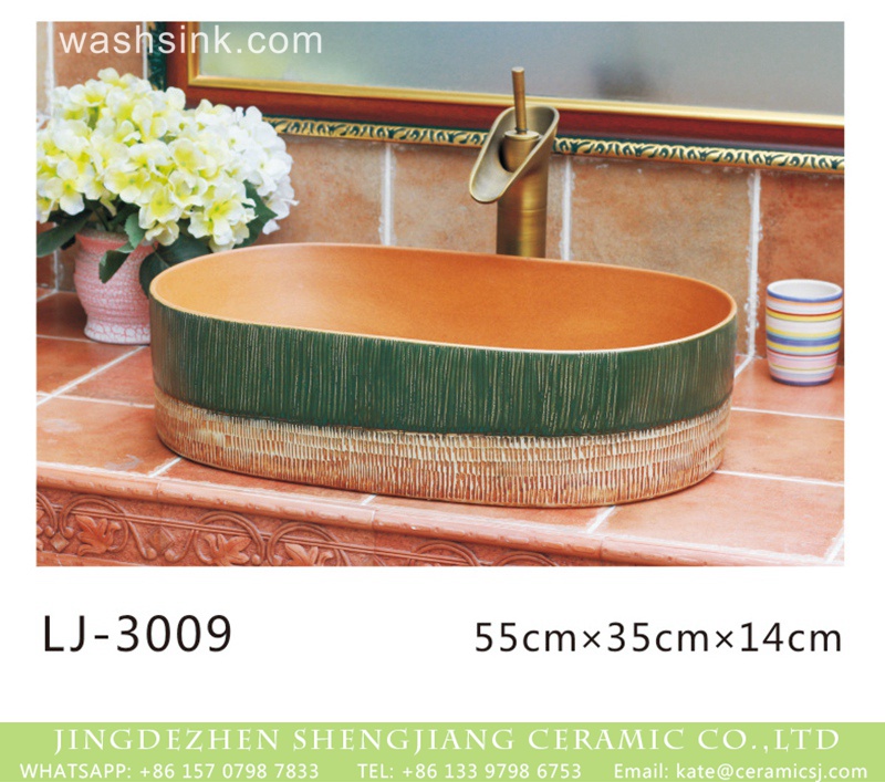 LJ-3009 Jingdezhen wholesale brown wall and dark green surface oval thin edge ceramic wash sink  LJ-3009 - shengjiang  ceramic  factory   porcelain art hand basin wash sink