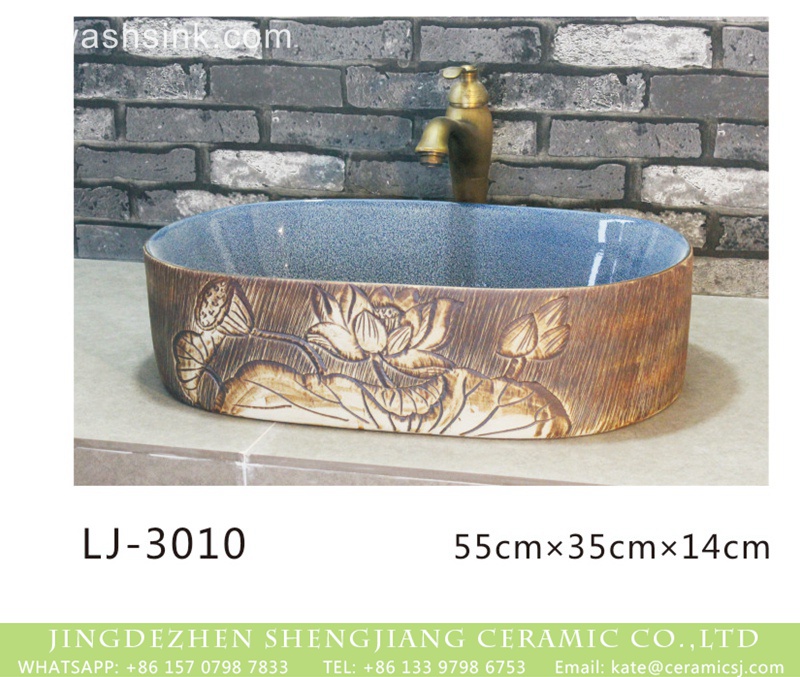 LJ-3010 Shengjiang factory new product light blue wall and hand carved flowers pattern vanity basin  LJ-3010 - shengjiang  ceramic  factory   porcelain art hand basin wash sink