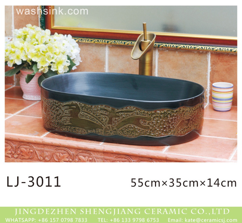LJ-3011 Shengjiang factory produce retro black oral ceramic with special gold pattern art basin  LJ-3011 - shengjiang  ceramic  factory   porcelain art hand basin wash sink