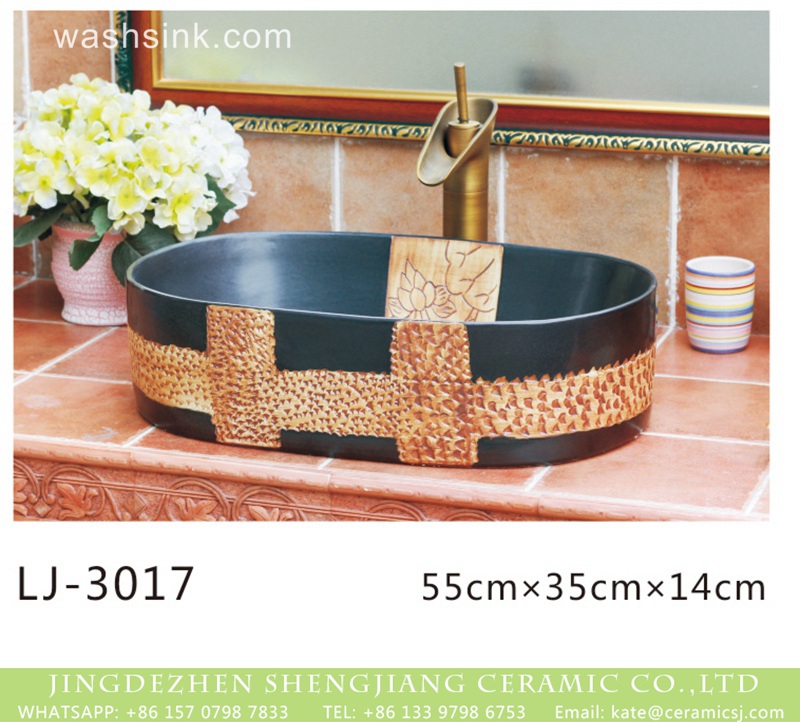 LJ-3017 China traditional style black and brown special printing oval porcelain wash sink  LJ-3017 - shengjiang  ceramic  factory   porcelain art hand basin wash sink