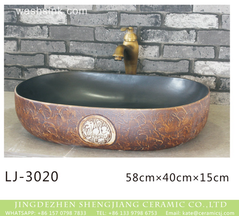 LJ-3020 Chinese art black wall and hand carved brown surface oval ceramic wash basin LJ-3020 - shengjiang  ceramic  factory   porcelain art hand basin wash sink