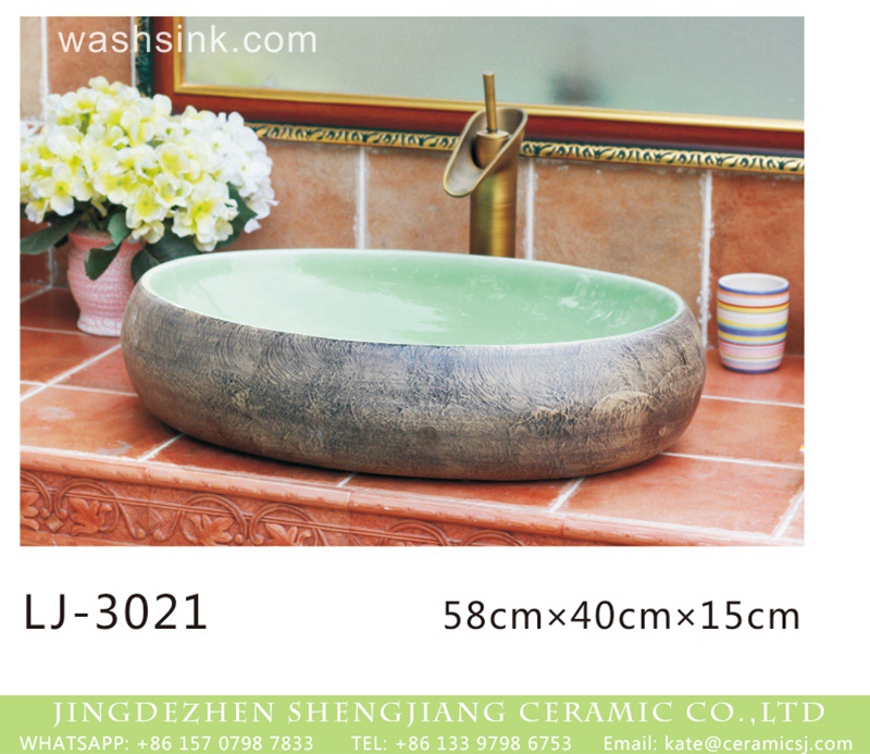 LJ-3021 Hot sales product light green wall thick edge oval porcelain vanity basin  LJ-3021 - shengjiang  ceramic  factory   porcelain art hand basin wash sink